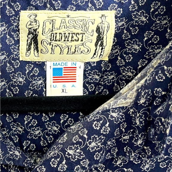 Old West Style Men’s Navy Blue Leaf Pattern Long Sleeve Button Down Shirt - Picture 5 of 5